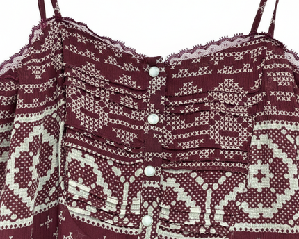 Stradivarius Burgundy Boho Print Cami with Lace Trim Mini Dress