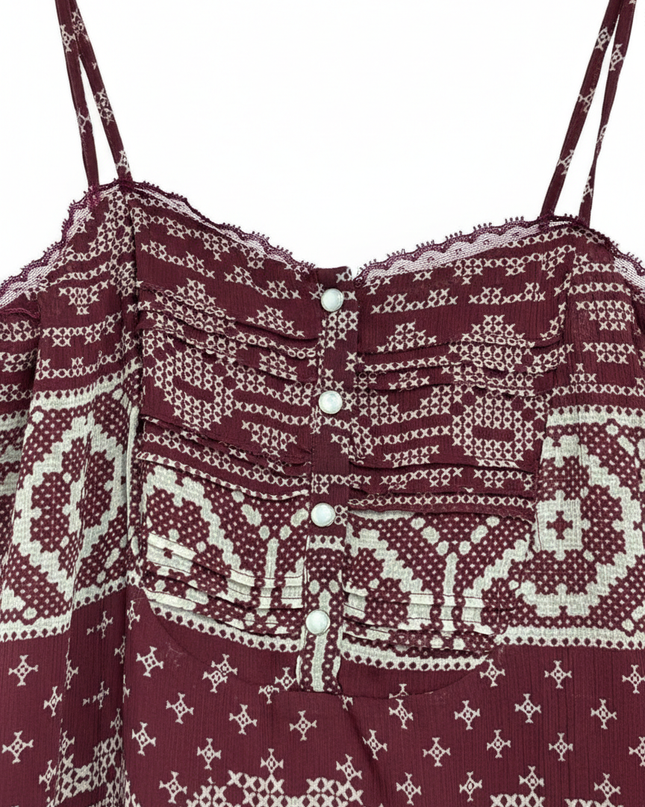Stradivarius Burgundy Boho Print Cami with Lace Trim Mini Dress