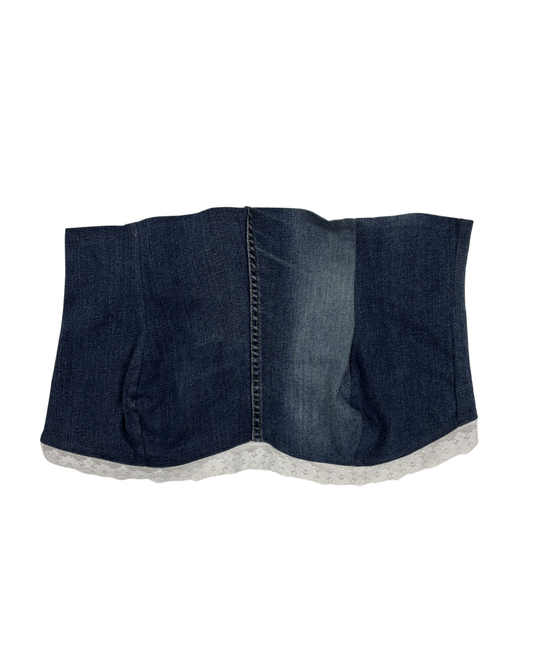 Vintage Y2K Patchwork Denim Bustier with Lace Trim Tube Top - S
