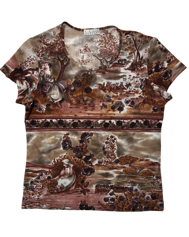 Vila Nazzaré Scenic Baroque Pastoral Print Brown Fitted Top