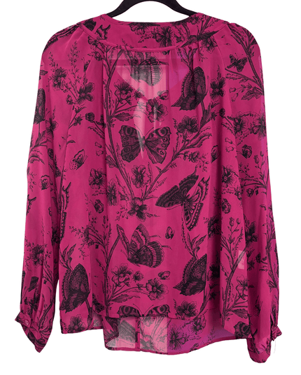 Loft Pink Butterfly Floral Print Tie-Neck Long Sleeve Blouse