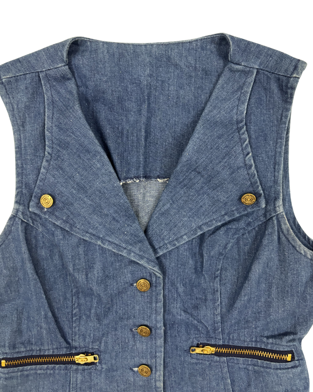 Vintage Denim Button-Up Utility With Zipper Pockets Vest  - XS
