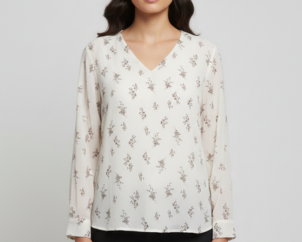 Mango Cream Floral Print V-Neck Viscose Blouse