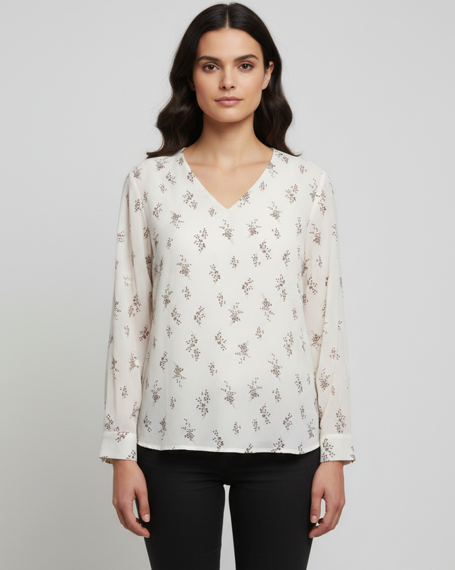 Mango Cream Floral Print V-Neck Viscose Blouse