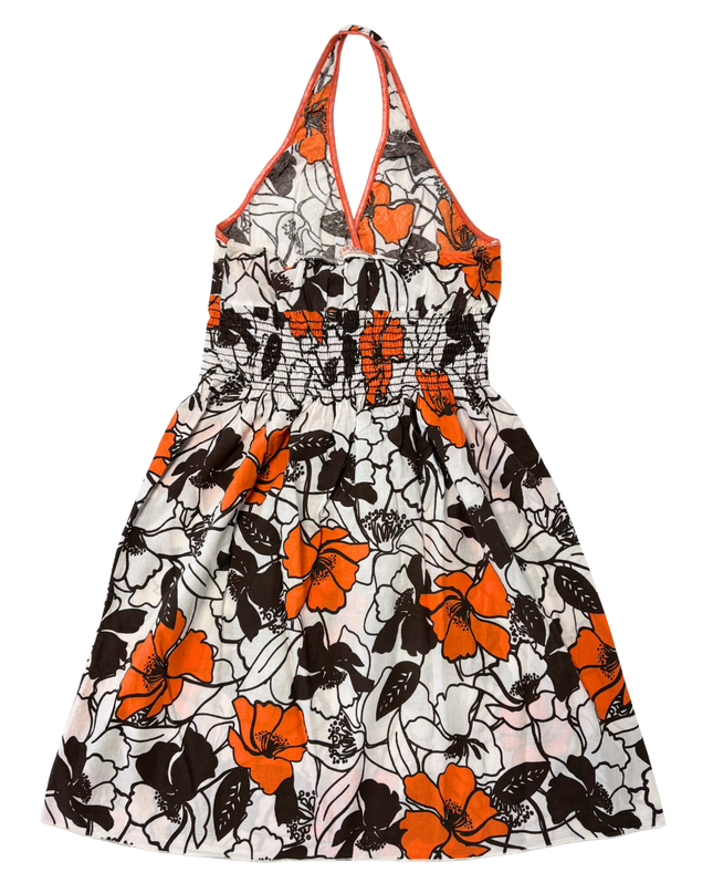 Via Vay Y2K Orange Floral Shirred Waist Halter Dress