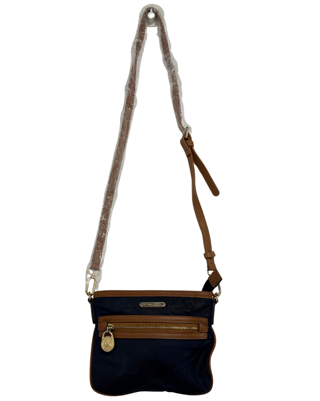Michael Kors Navy Tan Saffiano Trim & Gold MK Padlock Crossbody Bag