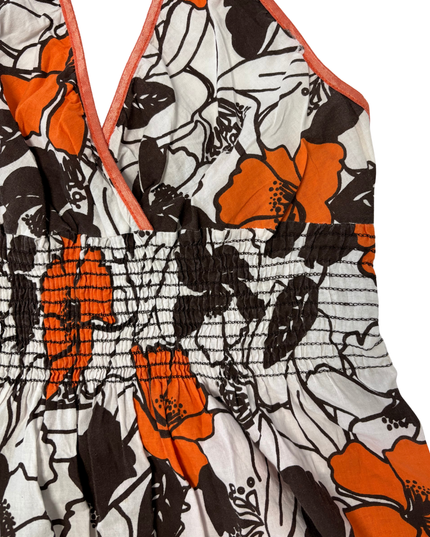 Via Vay Y2K Orange Floral Shirred Waist Halter Dress
