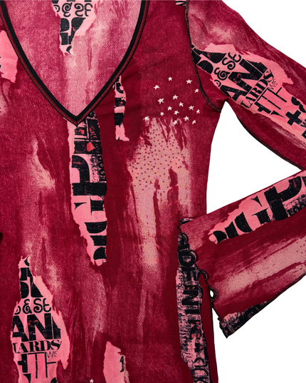 Y2K Grunge Red Graphic Distressed Mesh Long Sleeve Top