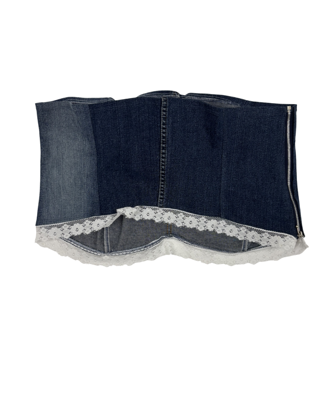 Vintage Y2K Patchwork Denim Bustier with Lace Trim Tube Top - S