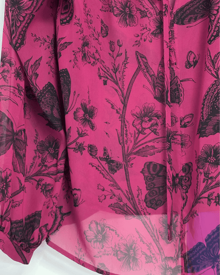 Loft Pink Butterfly Floral Print Tie-Neck Long Sleeve Blouse