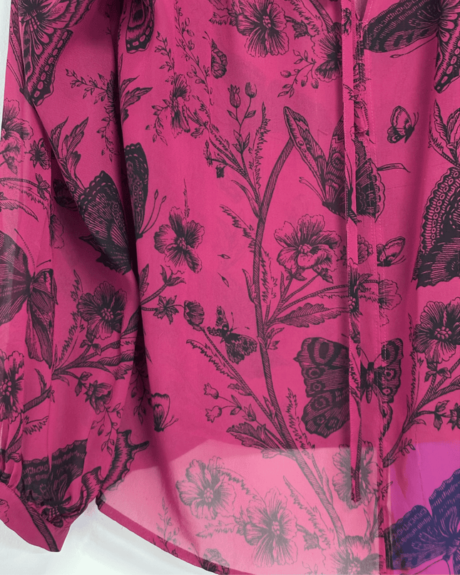 Loft Pink Butterfly Floral Print Tie-Neck Long Sleeve Blouse