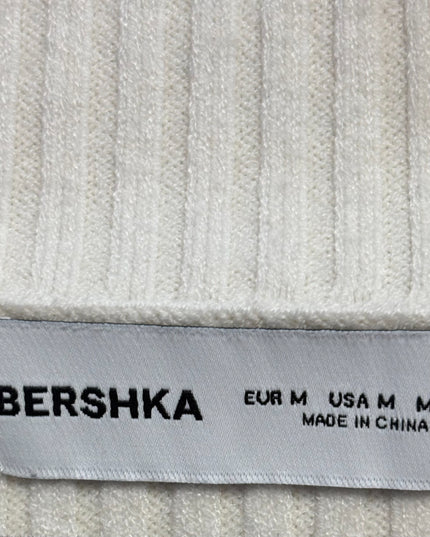 Bershka Off-white Ribbed Zip-Up Crop Top