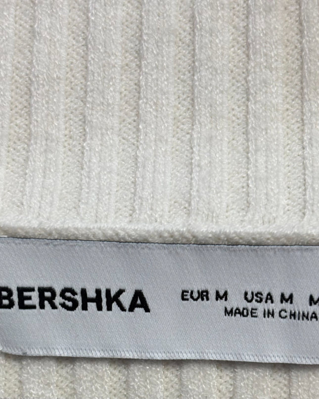 Bershka Off-white Ribbed Zip-Up Crop Top
