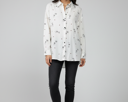 Olé by Koton White Pug Print Graphic Button-Down Shirt
