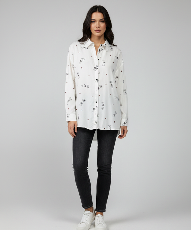 Olé by Koton White Pug Print Graphic Button-Down Shirt
