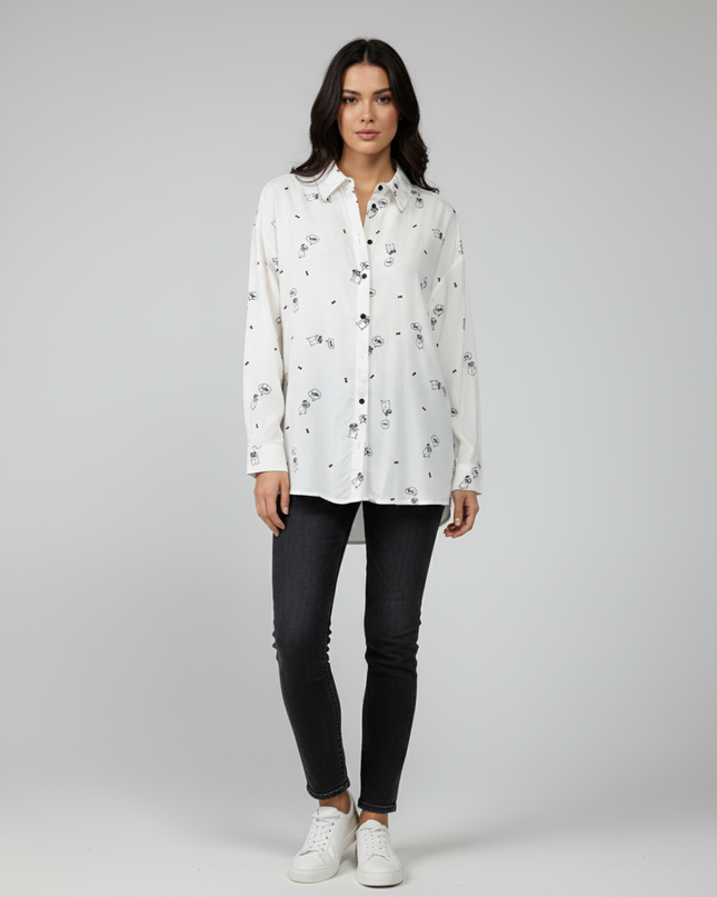 Olé by Koton White Pug Print Graphic Button-Down Shirt