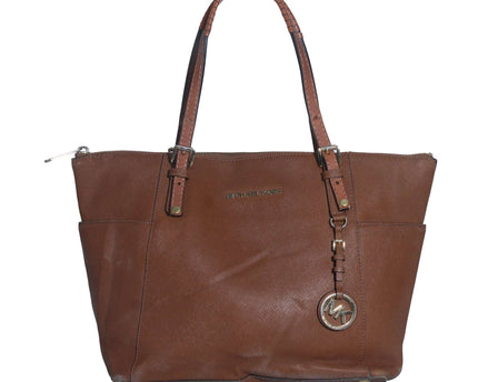 Michael Kors Jet Set Brown Crossgrain Leather Pockets Zipper Tote Shoulder Bag