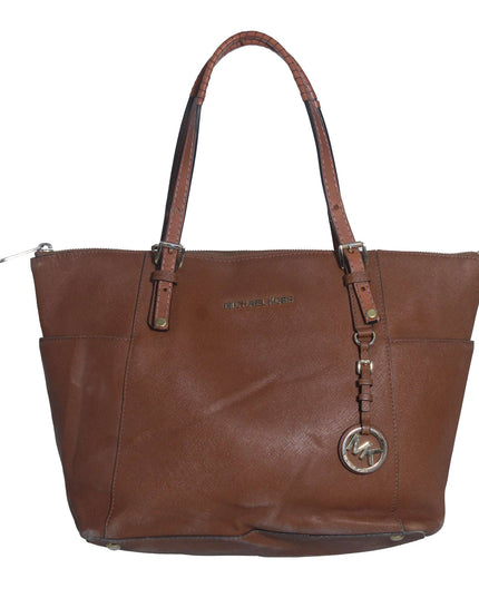 Michael Kors Jet Set Brown Crossgrain Leather Pockets Zipper Tote Shoulder Bag