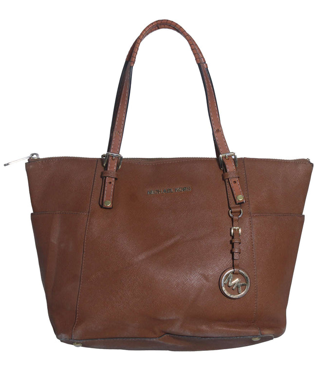Michael Kors Jet Set Brown Crossgrain Leather Pockets Zipper Tote Shoulder Bag