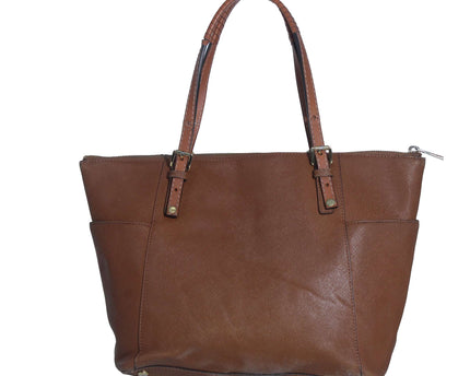 Michael Kors Jet Set Brown Crossgrain Leather Pockets Zipper Tote Shoulder Bag