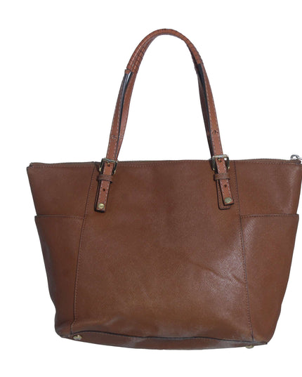 Michael Kors Jet Set Brown Crossgrain Leather Pockets Zipper Tote Shoulder Bag