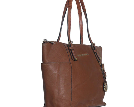 Michael Kors Jet Set Brown Crossgrain Leather Pockets Zipper Tote Shoulder Bag