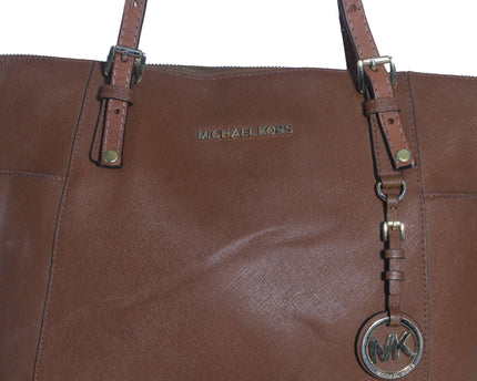 Michael Kors Jet Set Brown Crossgrain Leather Pockets Zipper Tote Shoulder Bag
