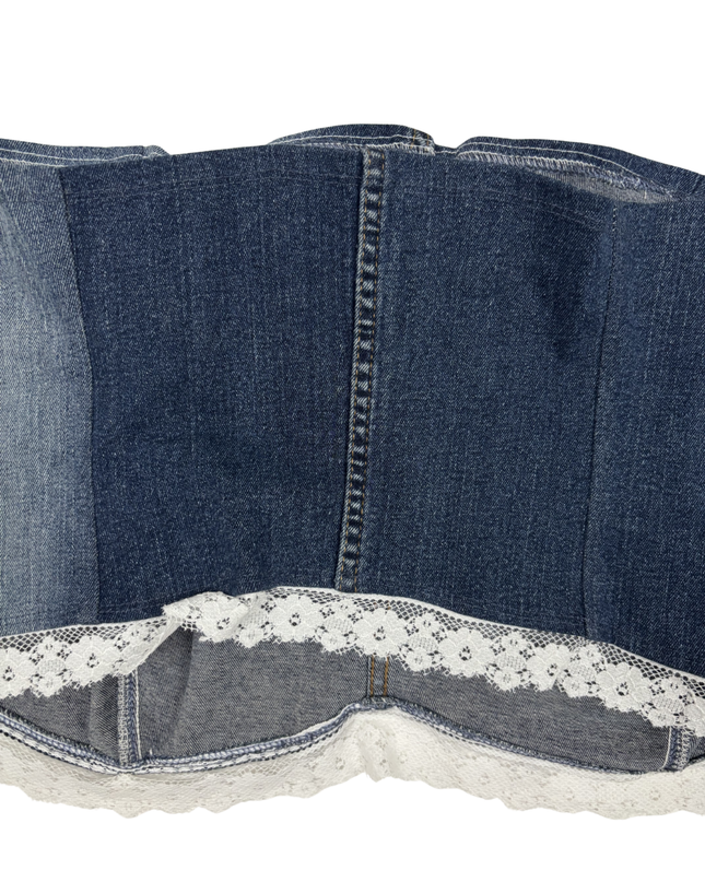 Vintage Y2K Patchwork Denim Bustier with Lace Trim Tube Top - S