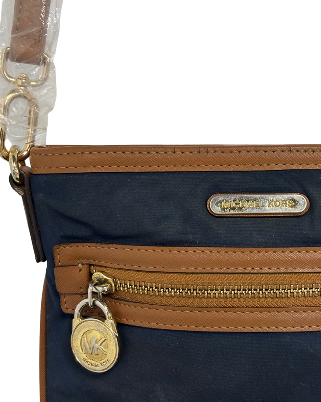 Michael Kors Navy Tan Saffiano Trim & Gold MK Padlock Crossbody Bag