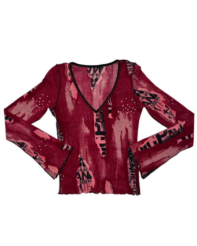 Y2K Grunge Red Graphic Distressed Mesh Long Sleeve Top