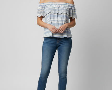 American Eagle Blue and White Striped Eyelet Ruffle Top