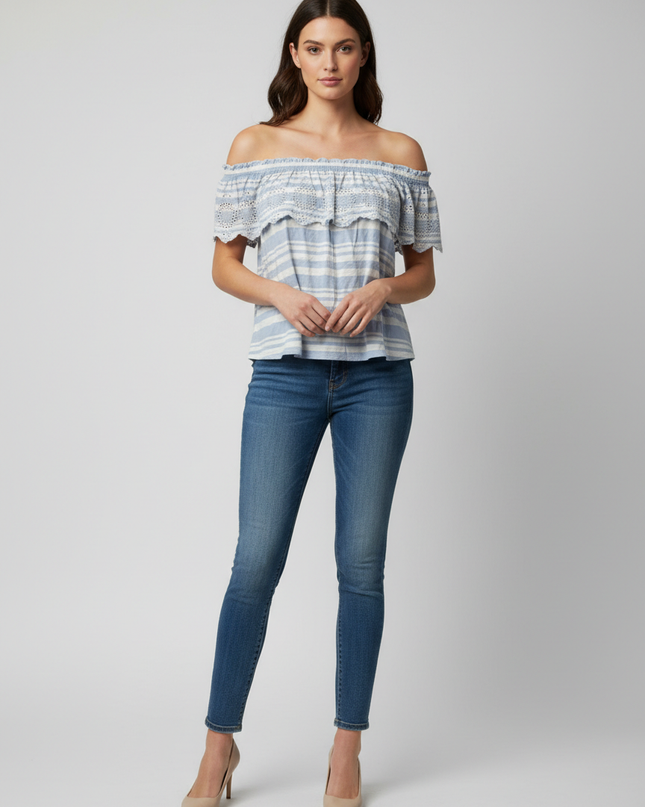 American Eagle Blue and White Striped Eyelet Ruffle Top