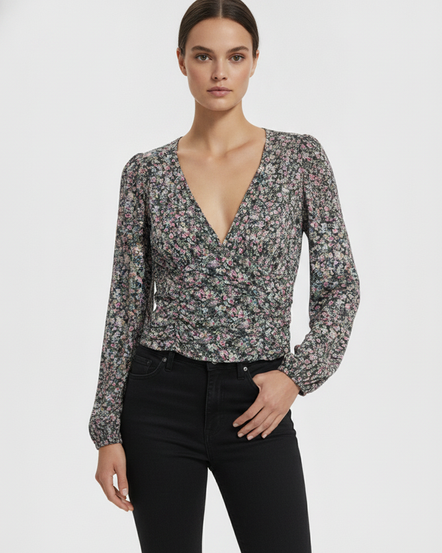 Wild Fable Multicolor Floral V-Neck Ruched Long Sleeve Top