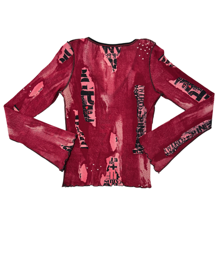 Y2K Grunge Red Graphic Distressed Mesh Long Sleeve Top
