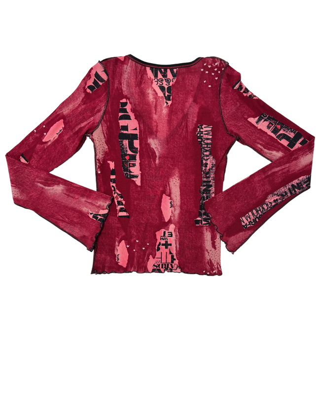 Y2K Grunge Red Graphic Distressed Mesh Long Sleeve Top