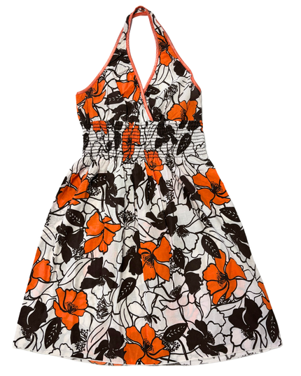 Via Vay Y2K Orange Floral Shirred Waist Halter Dress