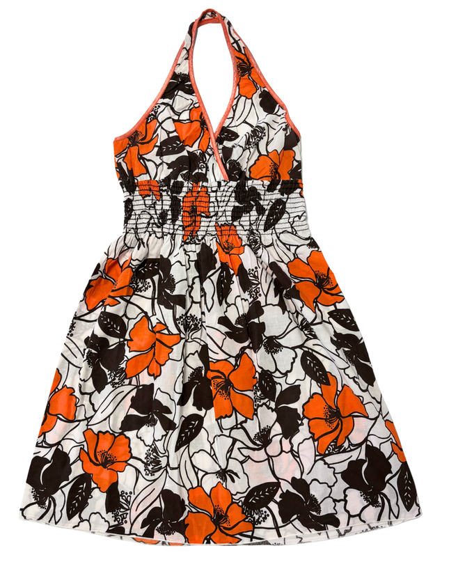 Via Vay Y2K Orange Floral Shirred Waist Halter Dress