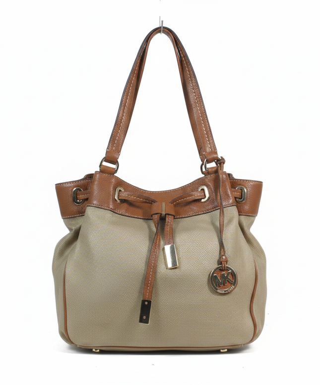 Michael Kors Beige Metallic Woven Drawstring Shoulder Bag