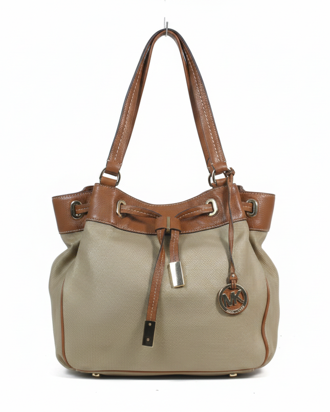 Michael Kors Beige Metallic Woven Drawstring Shoulder Bag