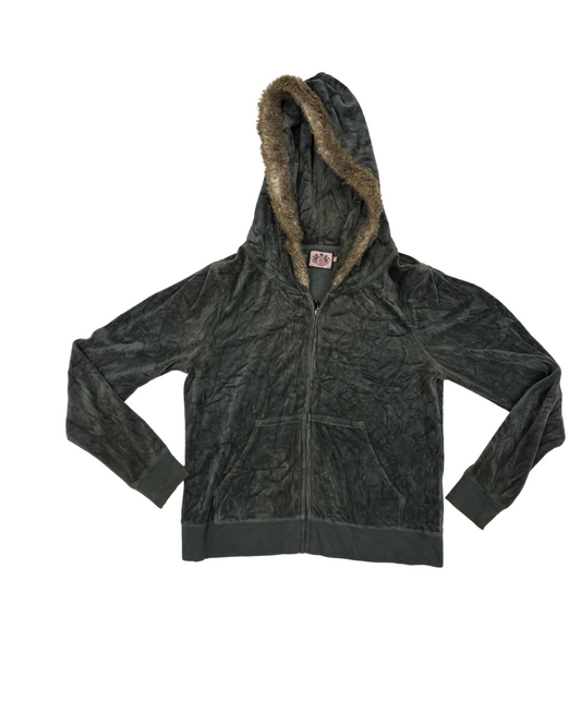 Juicy Couture Dark Olive Velour Faux Fur Trim Zip-Up Hoodie - M
