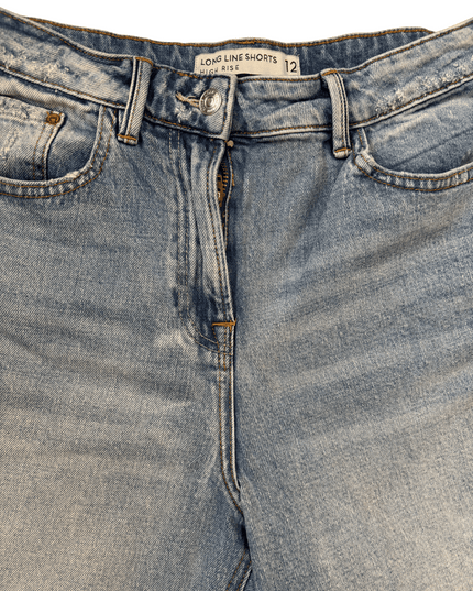 High Rise Longline Distressed Denim Shorts - S