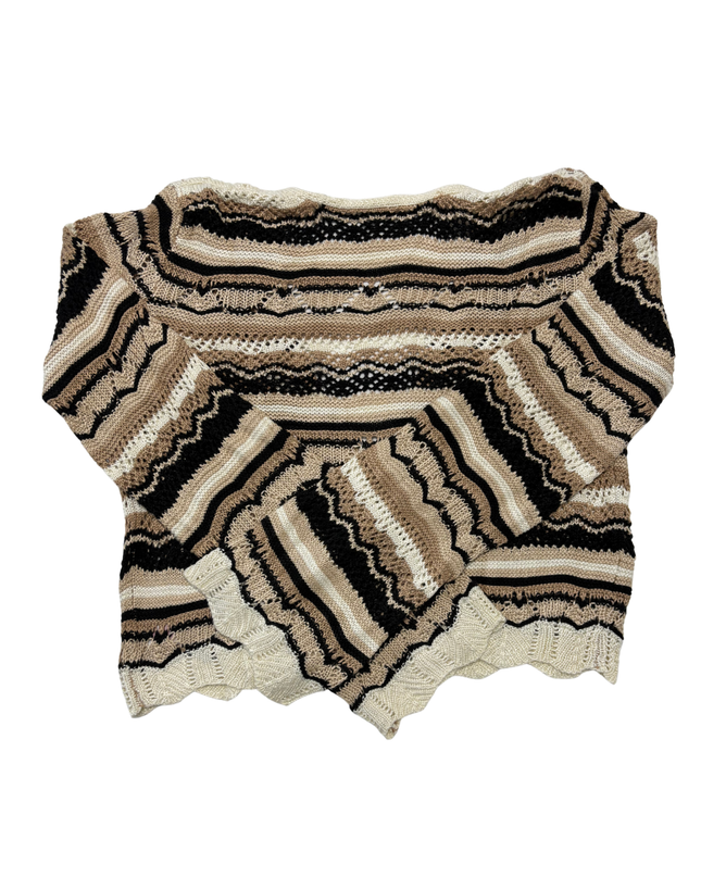 Vintage Beige & Black Striped Open Knit Cropped Shrug - M