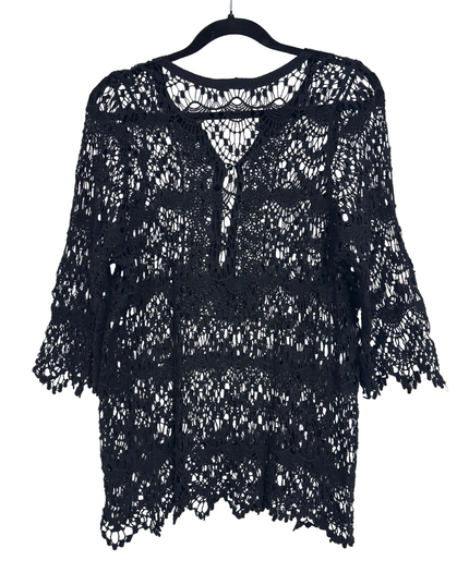 Last Girl Black Crochet Knit Button-Up Cover-Up Top - M