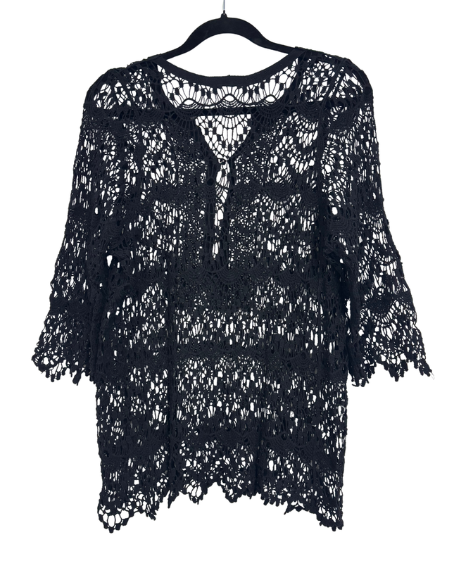 Last Girl Black Crochet Knit Button-Up Cover-Up Top - M