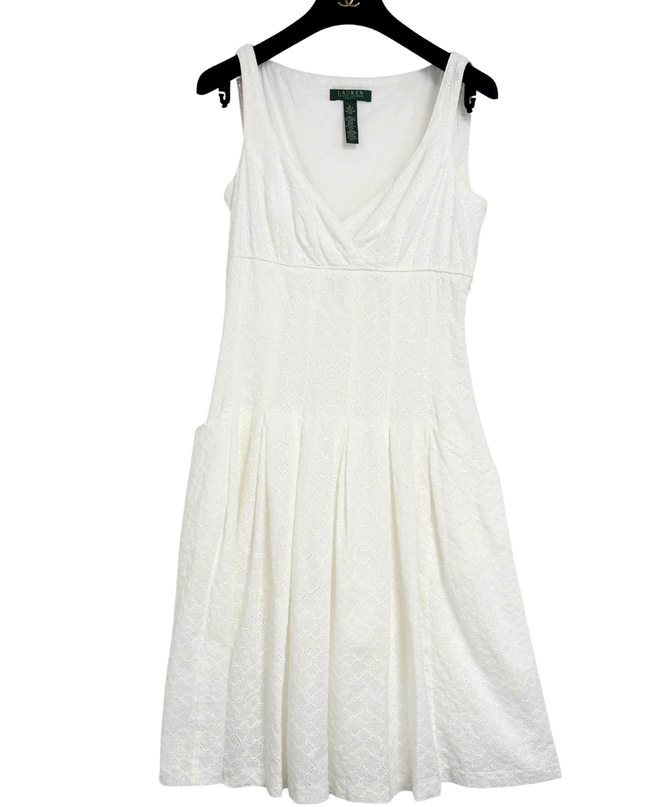 Ralph Lauren White Eyelet Cotton Sleeveless Midi Dress
