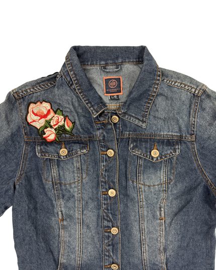 Boom Boom Jeans Rose Appliqué Embroidered Blue Denim Jacket - M