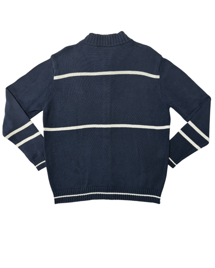 Lacoste Navy Blue Striped Full-Zip Cotton Knit Sweater
