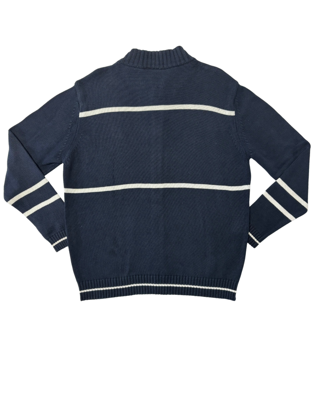 Lacoste Navy Blue Striped Full-Zip Cotton Knit Sweater