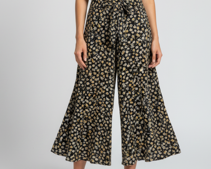 Zara Black Ditsy Floral High-Waist Culotte Pants