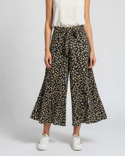 Zara Black Ditsy Floral High-Waist Culotte Pants